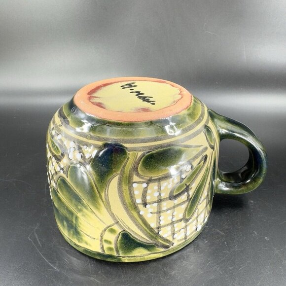 Vintage Mexico Pottery Talavera Large Oversize Coffee Mug Cup Green Glazed VTG - Picture 8 of 15